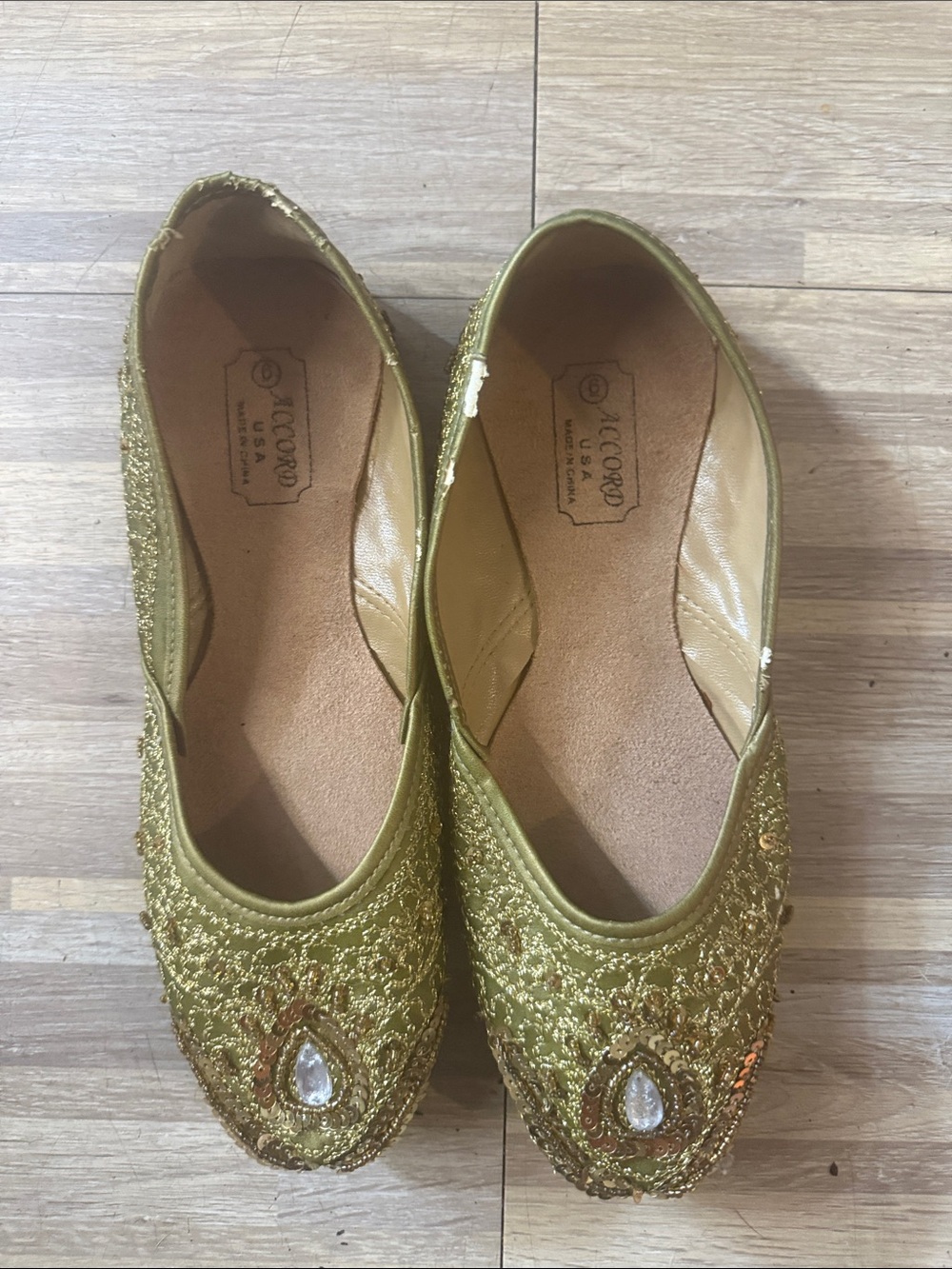 Women’s Olive Green Embellished Jutti Flats with Jewel Accent